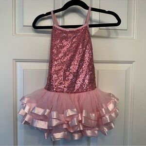 Sparkling Pink Sequin Kids Tutu Leotard Costume Dress - Criss Cross Back